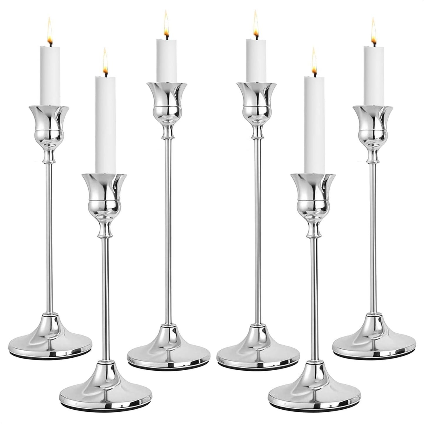 CHILL RECIPE Silver Taper Candle Stick Holders Tall Candle Holder, Vintage Candlesticks Holder Bulk for Home Decor Table Centerpiece Dining Party Festival Decorations (2 Set 6Pcs)