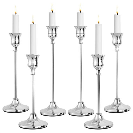 CHILL RECIPE Silver Taper Candle Stick Holders Tall Candle Holder, Vintage Candlesticks Holder Bulk for Home Decor Table Centerpiece Dining Party Festival Decorations (2 Set 6Pcs)