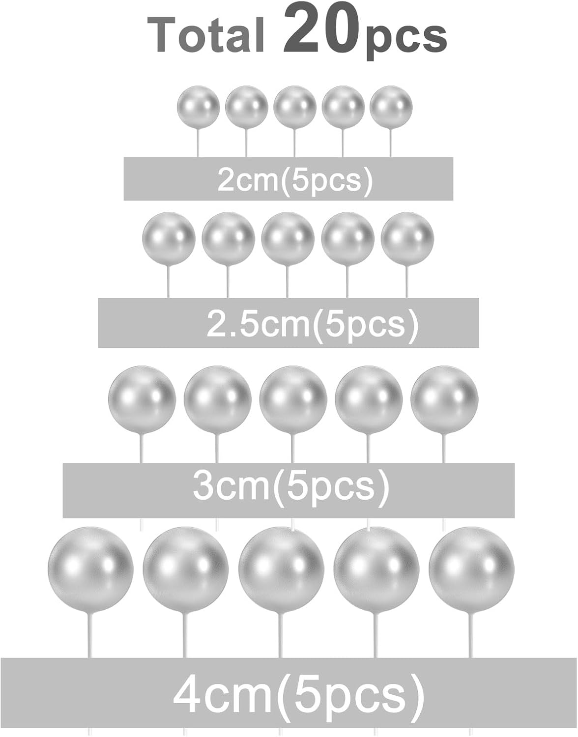 ASTARON 20 Pcs Ball Cake Topper Decorations Mini Balloons Cake Topper Sticks Silver Cake Balls for Graduation Wedding Birthday Cake Decorations