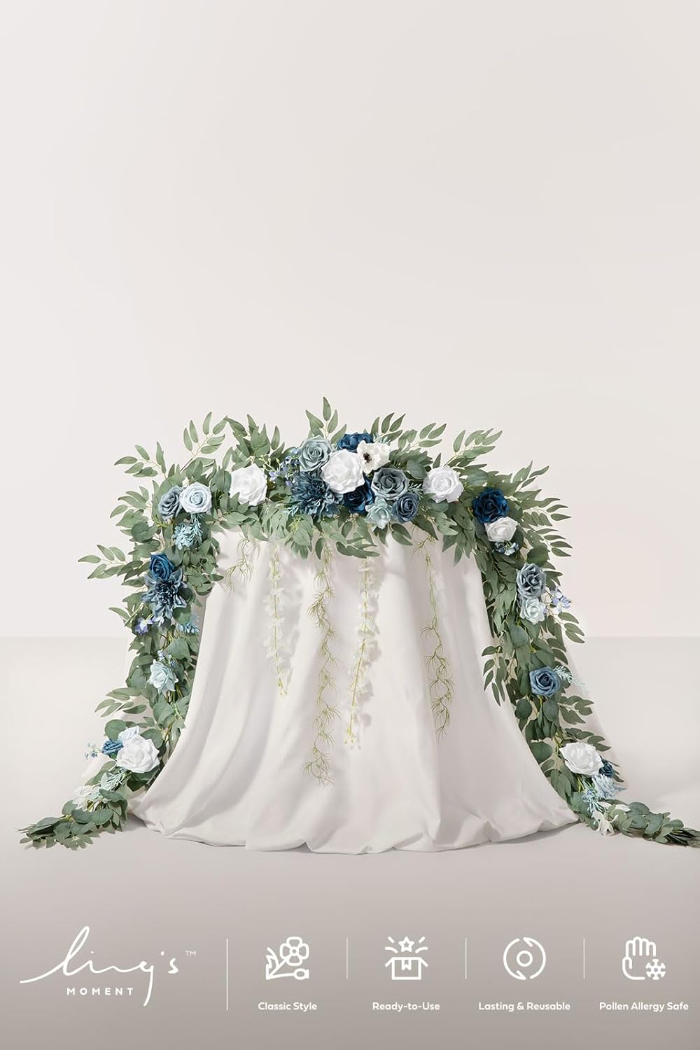 Ling's Moment 9FT Spring Flower Garland- Wedding Arch Flowers for Backdrop Decoration, Eucalyptus & Rose, Artificial Floral Garland for Mantle - Sweetheart Head Table Decor for Reception, Dusty Blue