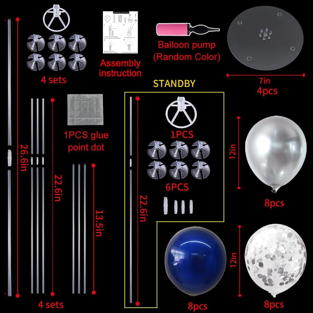 TONIFUL 4 Set Navy Blue Silver Balloon Centerpieces for Table,Balloon Stand Kit for Graduation Decoration 2025,Retirement Party Decorations,Men’s Birthday Decorations,Father's Day