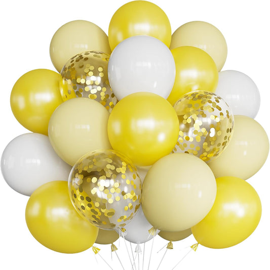 Yellow and White Balloons - 12inch Pastel Yellow Balloons Glitter Gold Confetti Balloon White Party Balloon for Sunflower Honeybee Theme Birthday Baby Shower Party Decorations, Indoor Outdoor