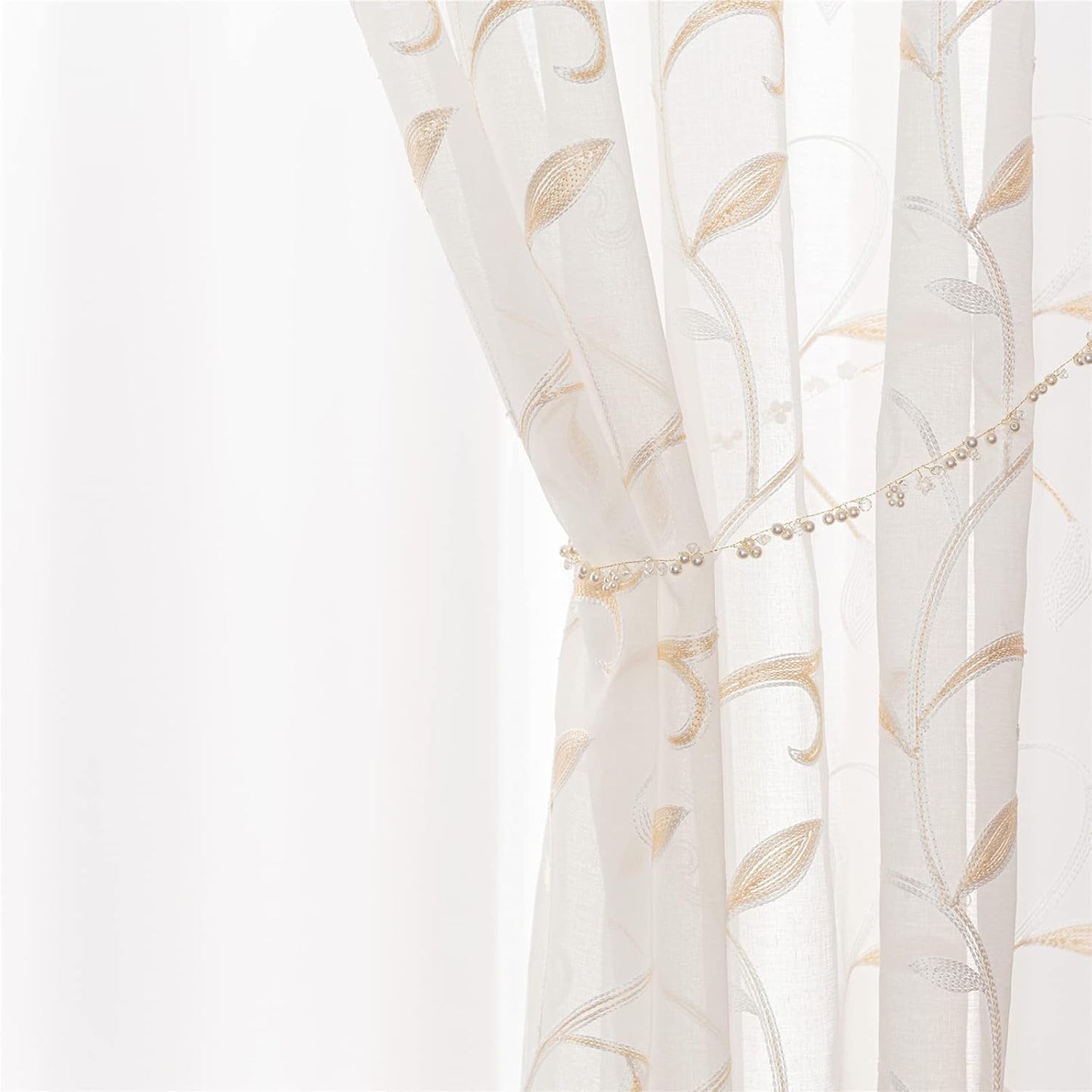 VISIONTEX White Sheer Voile Curtains, Decorative Beige Leaves Embroidery Faux Linen Rod Pocket Window Drapes for Home Kitchen, Living Room and Bedroom 54 x 108 Inch, Set of 2 Curtain Panels