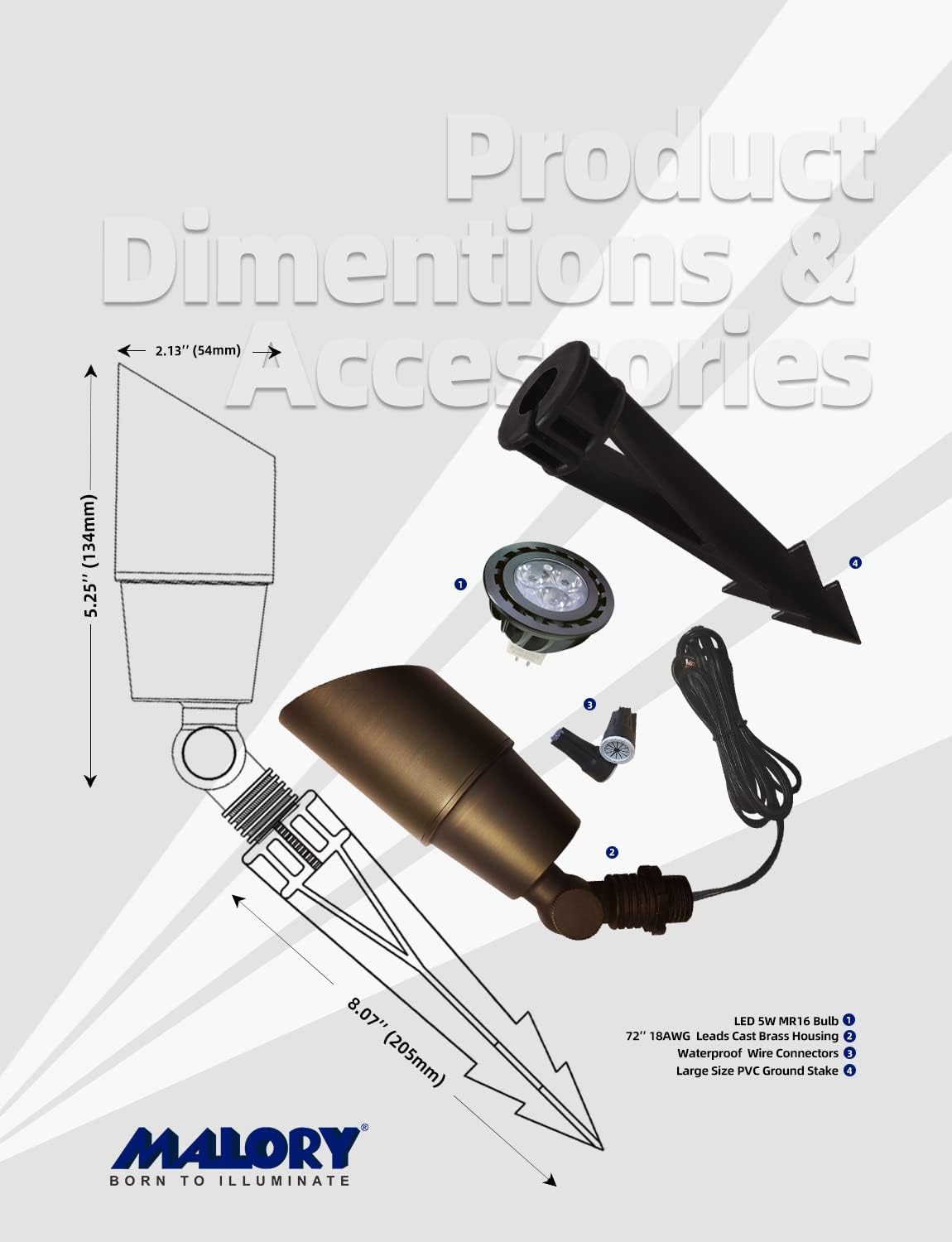 MALORY Brass Landscape Spotlight 6-Pack with Bulb(S01), Low Voltage 12V AC/DC LED Outdoor Landscape Lighting,PVC Ground Stake and Wire Connector Included, Garden Patio Trees Spot Uplight