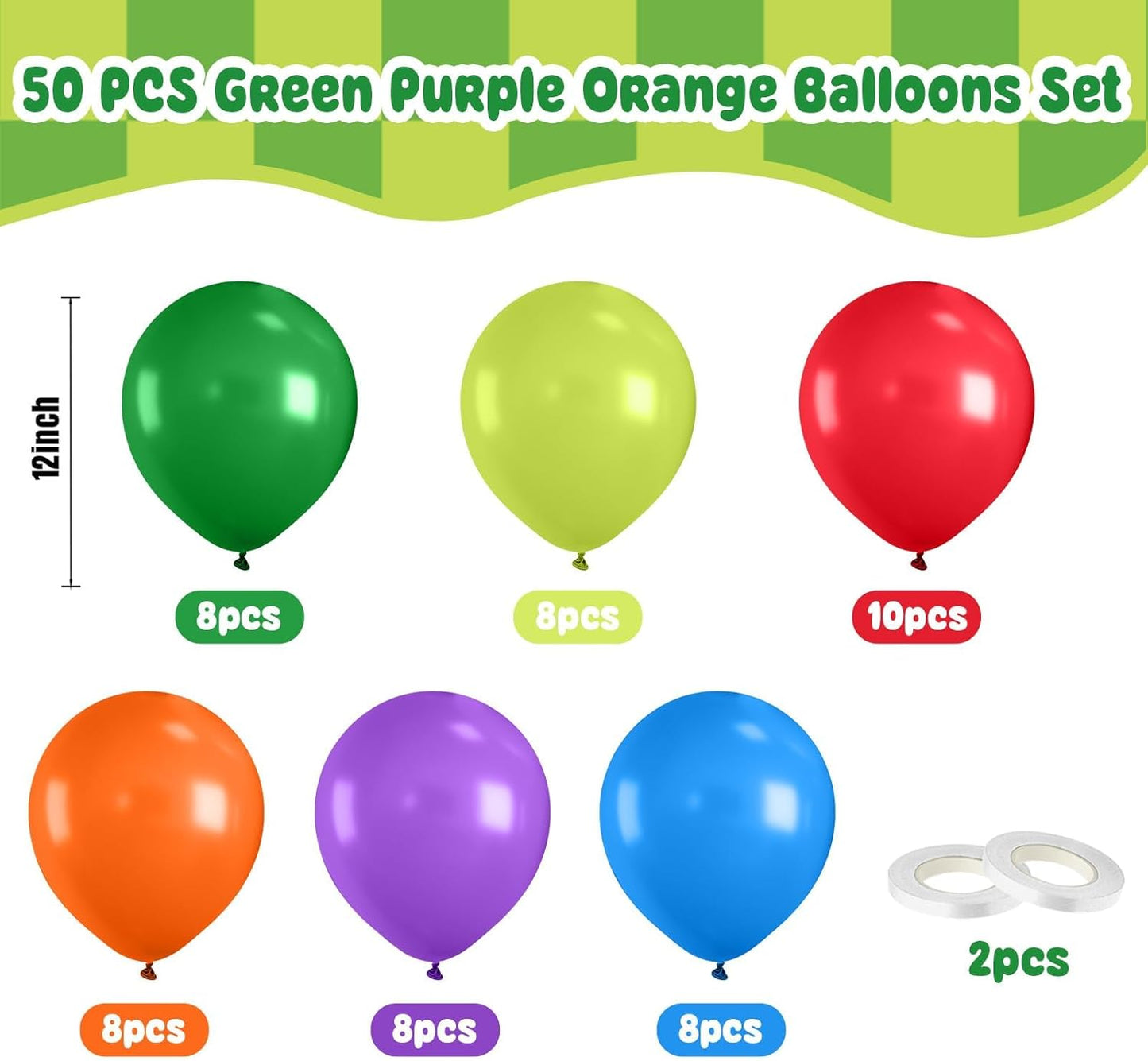 Paready Green Purple Balloons Set, 50 Pcs Colorful Balloon, 12 Inch Red Orange Blue Latex Party Balloons Helium for Turtle Themed Kids Boys Birthday Party Supplies Decorations