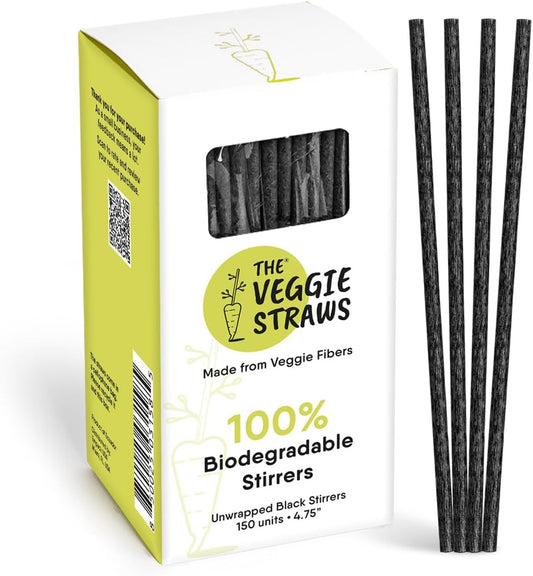 – 150 PCS of 4.75 Inches Unwrapped Black Biodegradable Drink Stirrers – Made of Vegetable Fibers, Best Cocktail Stirrers for Drinks of All Kinds