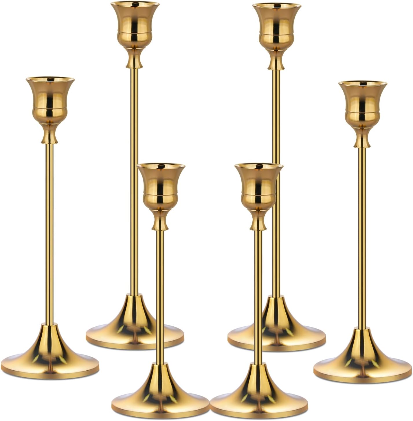 Metal Candle Holders for Candlesticks Taper Candlestick Holders Set Vintage Decorative Centerpiece Candelabra Tall Candle Stands for Halloween Thanksgiving Christmas (Gold, 2 Sets (6 pcs))