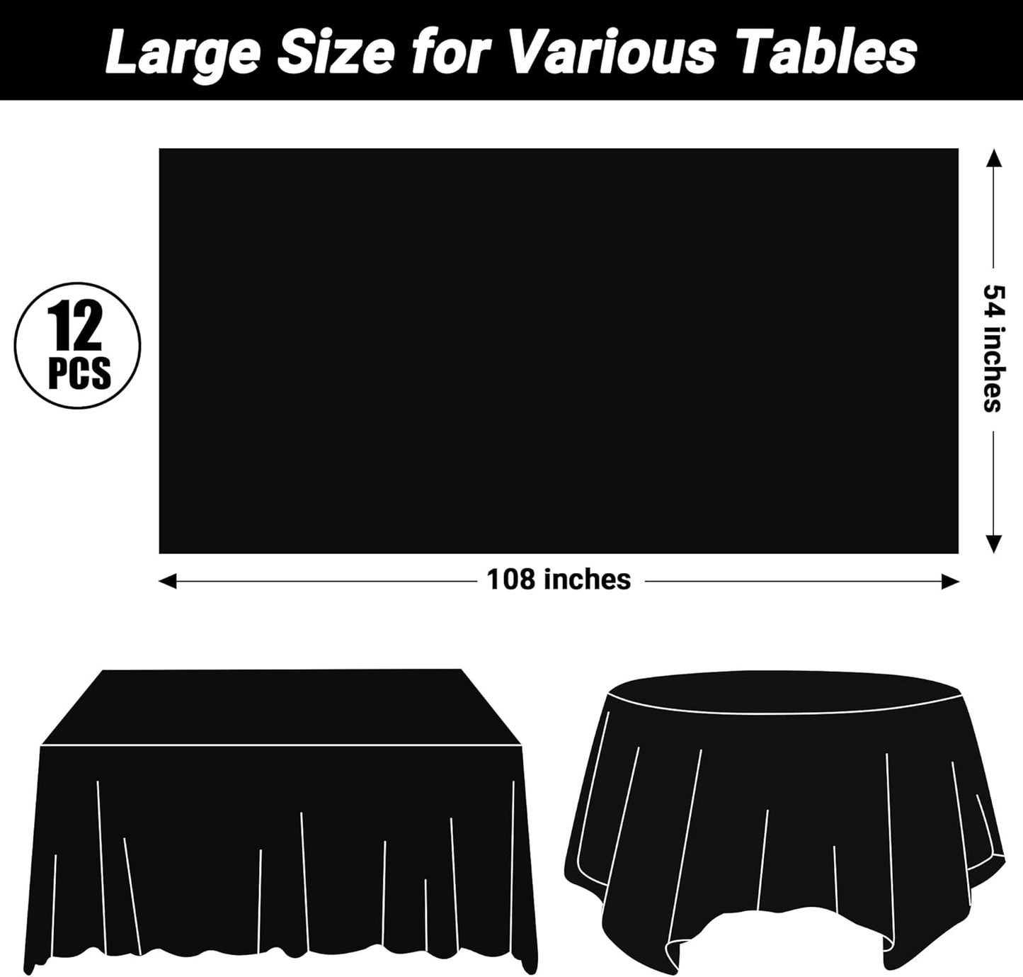 QZYL 12 PCS Table Cloth Rectangle, Black Picnic Table Cover with Bench Covers, 54 X 108 in Disposable Christmas Table Cloth Rectangle Table for Camping Birthdays Weddings Parties