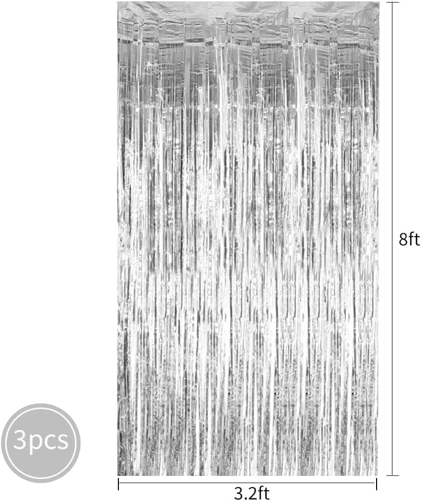 3Pcs Silver Metallic Tinsel Foil Fringe Curtains,3.2ft*8ft Silver Photo Booth Backdrop Streamer Curtain,Photo Booth Props,Ideal for Bachelorette,Birthday,Christmas,New Year Party Decorations