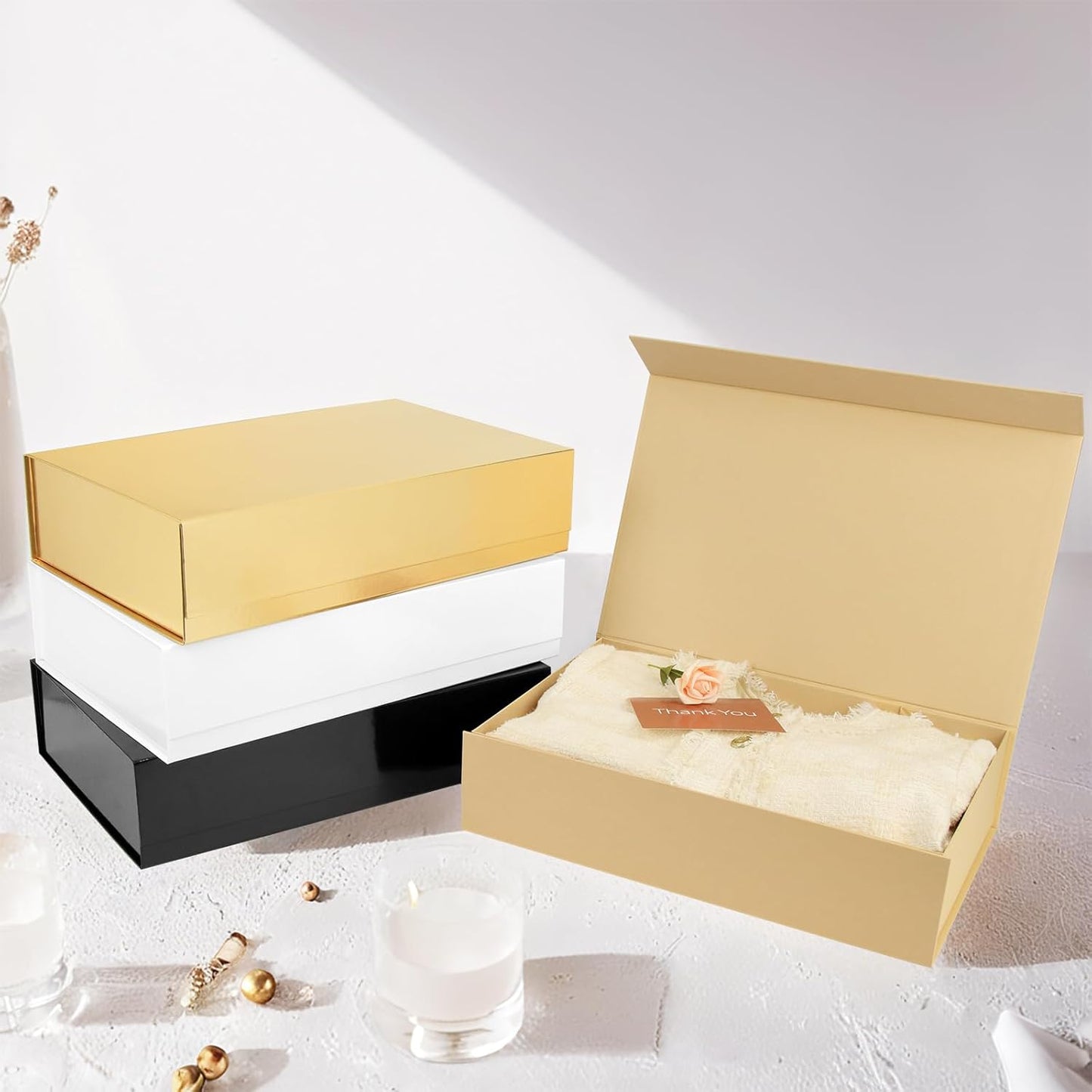 PACKHOME Extra Large Gift Box 17.5x11.3x4.3 Inches, Sturdy Shirt Box with Magnetic Lid for Clothes and Large Gifts (Glossy Gold)