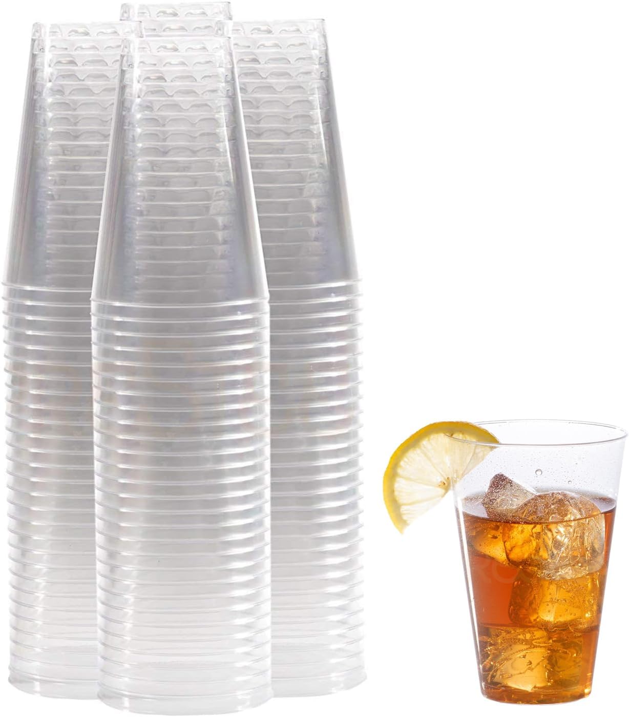 Prestee 100 Clear 14 Ounce Plastic Cups - Hard Plastic Disposable Tumblers for Wine, Cocktails, Water, and Beer - Sturdy Large Clear Cups for Parties, Weddings, Events - Reusable or Disposable