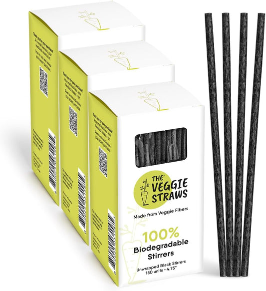 – 450 PCS of 4.75 Inches Unwrapped Black Biodegradable Drink Stirrers – Made of Vegetable Fibers, Best Cocktail Stirrers for Drinks of All Kinds