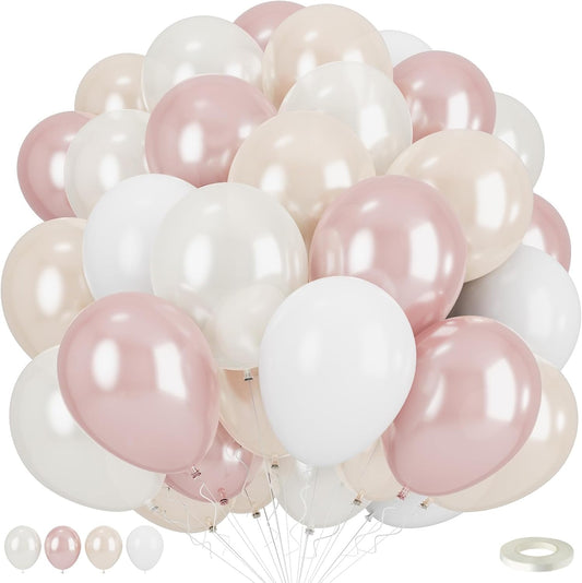 Double Stuffed Pearl White and Pink Balloons, 50pcs Double Stuffed Pearl Sand White Dusty Retro Pink Latex Balloons for Women Girls Boho Birthday Party Baby Shower Bridal Shower Wedding Engagement