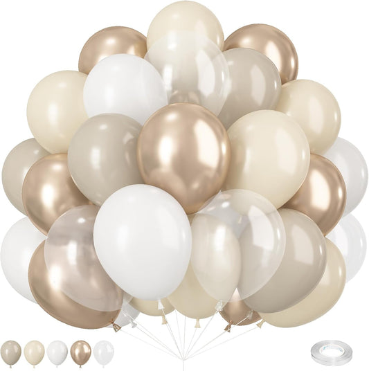 Beige White Gold Balloons, 60PCS Nude Metallic Champagne Gold Cream White Clear Balloon Ivory White Sand Transparent Neutral Balloons for Birthday Boho Wedding Anniversary Engagement Party Decoration