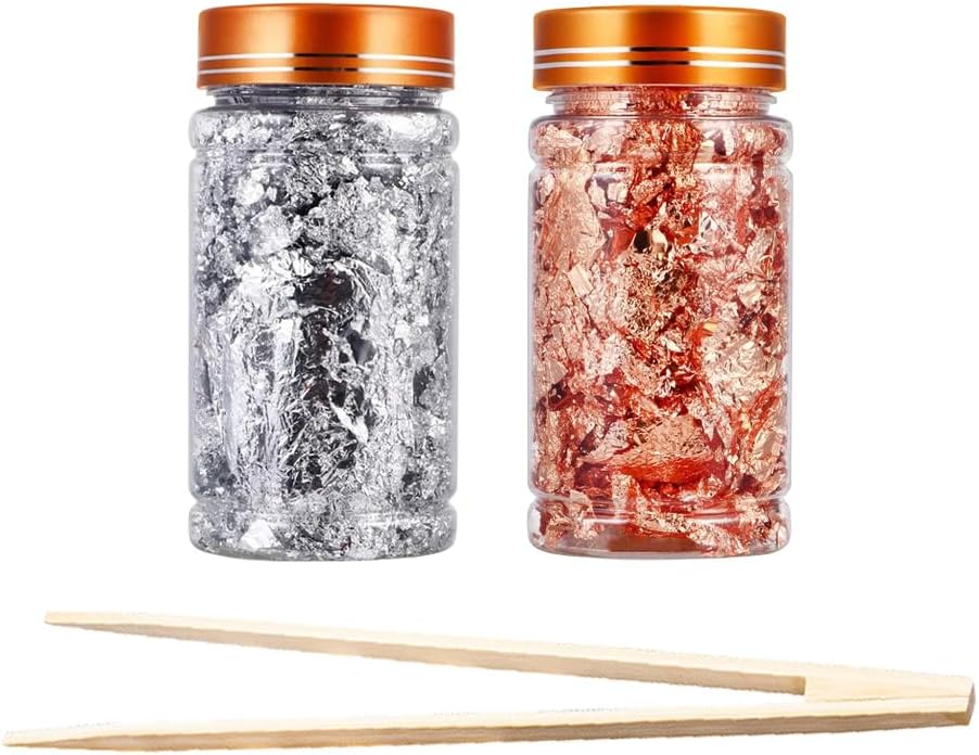 Joyzan Gold Flakes, Gold Foil Leaf Decoration Imitation Metallic Chocolates Baking Sheet Cake Decor Tweezers Resin Cooking Dessert Makeup Nail Art DIY Craft Jewelry Making Painting Slime 20g 2 Bottles