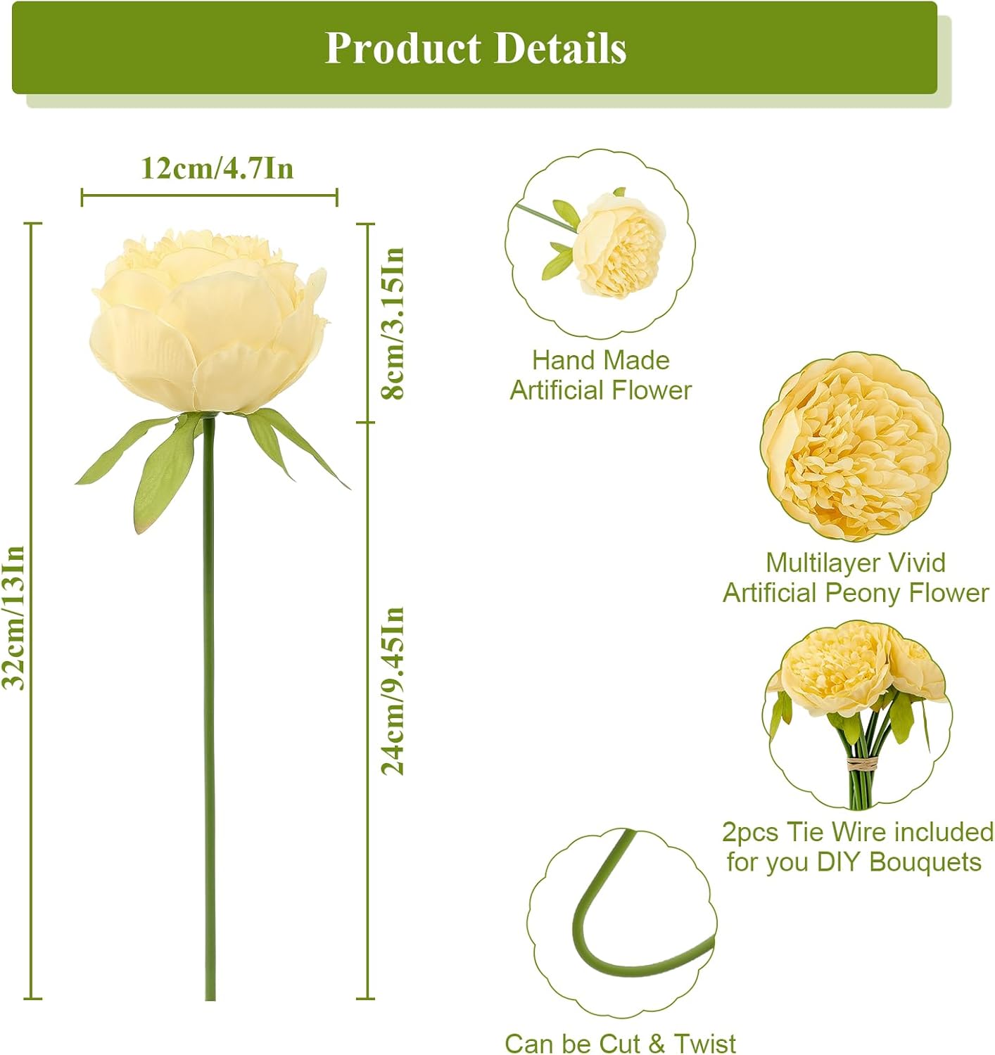 U'Artlines 10 Heads Artificial Peony Silk Flower Leaf Home Office Wedding Party Festival Bar Decor (Yellow)