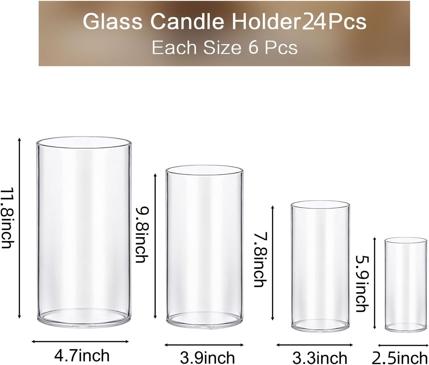 PHOSPHOR 24 PCS Glass Candle Holder - Hurricane & Pillar Candle Holder, Clear Glass Cylinder Vase for Centerpieces, Wedding & Party Decoration