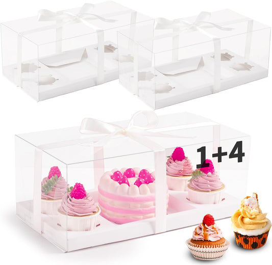 JCD 9 Pcs Clear Cupcake Boxes Combo,Cakes and Cupcakes Box 1+4 Bento Box Clear Bento Cakes Boxes Fit 4 Cupcake and 1 Mini Cake for Valentine Wedding Birthday(1+4/9Pcs)