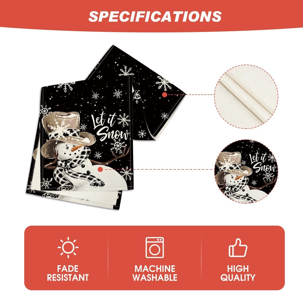 Artoid Mode Black Snowman Snowflake Let it Snow Winter Table Runner, Christmas Kitchen Dining Table Decoration for Home Party Decor 13x90 Inch