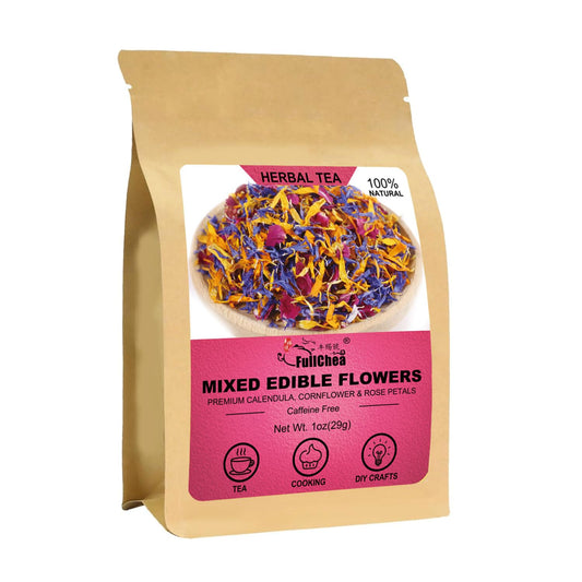 FullChea - Mixed Edible Flowers - 1oz/29g - Natural Dried Calendula, Cornflower, and Rose Petals - Culinary Grade - Cake Decorations - Caffeine-Free - Perfect for Cakes & Drinks