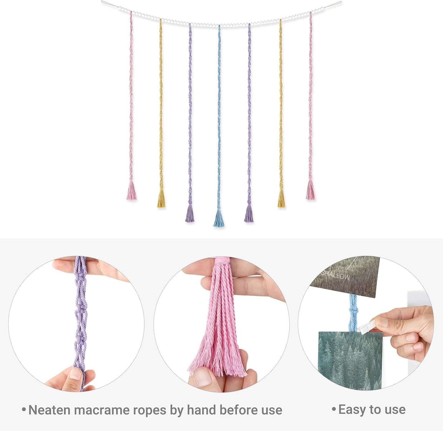 Mkono Macrame Hanging Photo Display Wall Decor with String Lights, Boho Wooden Beads Garland Collage Picture Card Frame Holder with 45 Clips for Bedroom Living Room Dorm, Teen Girls Christmas Gifts