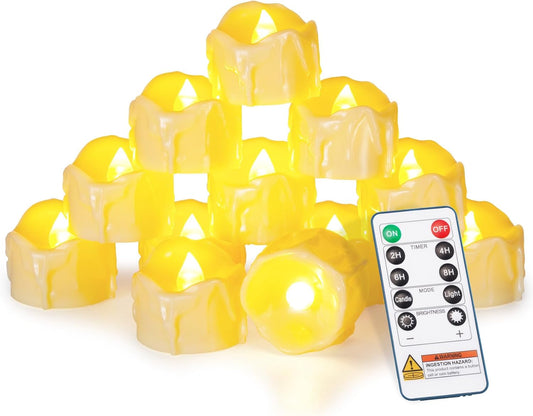 Homemory 12pcs Remote Timer LED Tea Lights Candles, 400+Hours Flickering Flameless Battery Votive Tealights for Tabletop Lighting, Centerpieces Decor, Holiday, Ivory Base