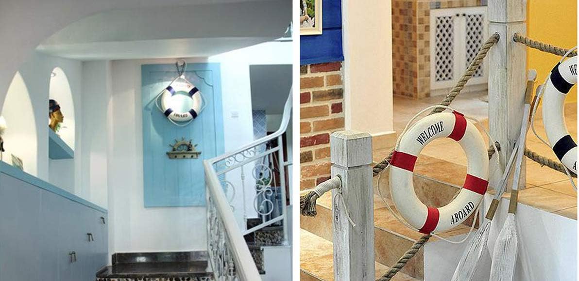 MorroMorn Lifebuoy Wall Hanging Decor - Welcome Aboard Mediterranean Style Home Decoration Hemp Rope (Red & Blue, 20")