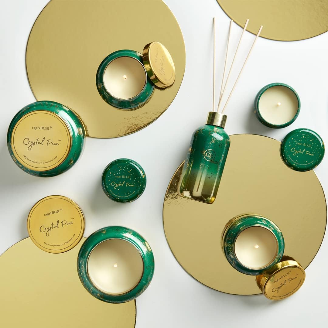Capri Blue Glimmer Mini Tin - Crystal Pine Scented Candle with Mini Tin Candle Holder - Soy Wax Blend - Capri Blue Crystal Pine Emerald Green and Gold (3 oz)