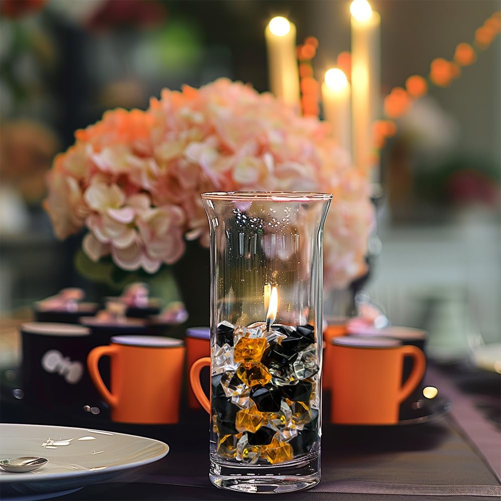 HappyFiller Halloween Decoration Acrylic Gems Fake Crystal Cubes Jewels Rocks for Vase Fillers, Centerpieces,Party Decor Ice Stones Table Scatter,Orange,Black and White,14 OZ