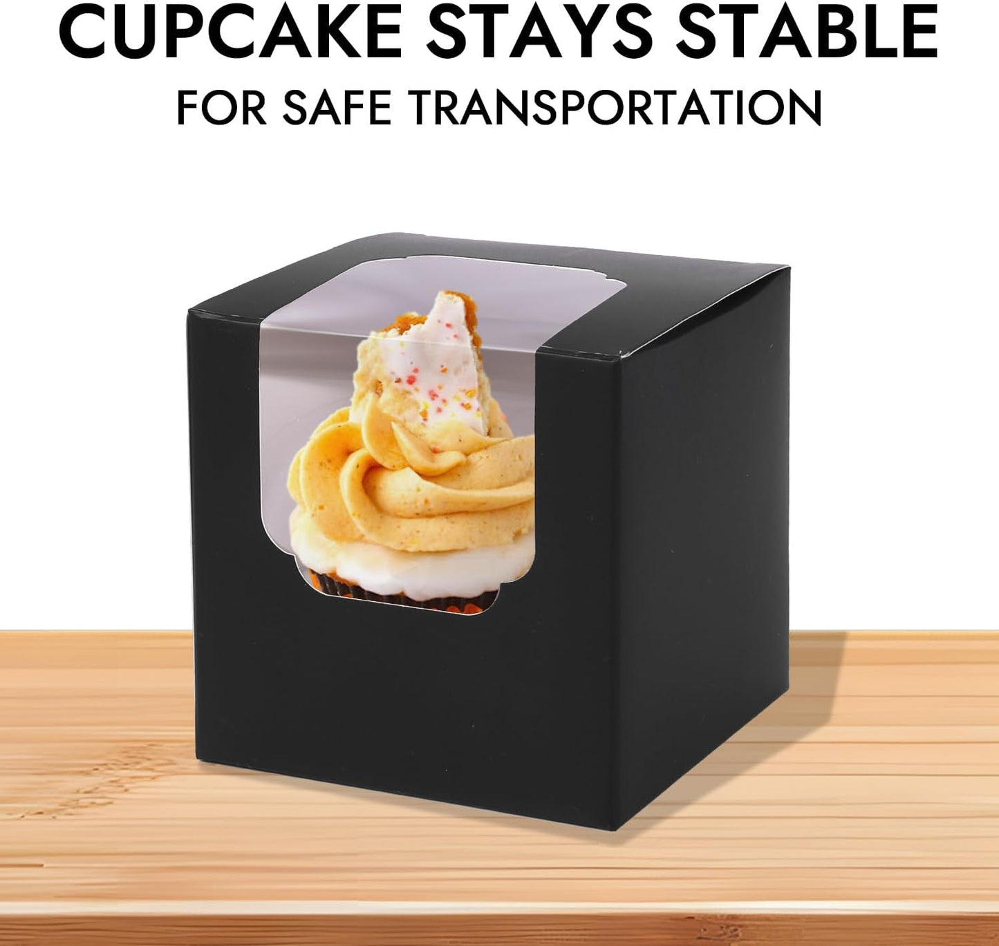 JCD 70 packs Black Cupcake Boxes Individual Cupcake Container 3.5" x 3.5" x 3.5" Auto-Pop up Single cake Box (70 Boxes+70 Inserts) (Black/70Pcs)