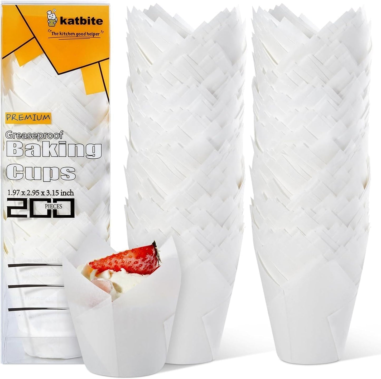 Katbite Tulip Cupcake Liners 200PCS, Muffin Baking Cupcake Liners Holders, Baking Cups, Cupcake Wrapper for Party, Wedding, Birthday(White)