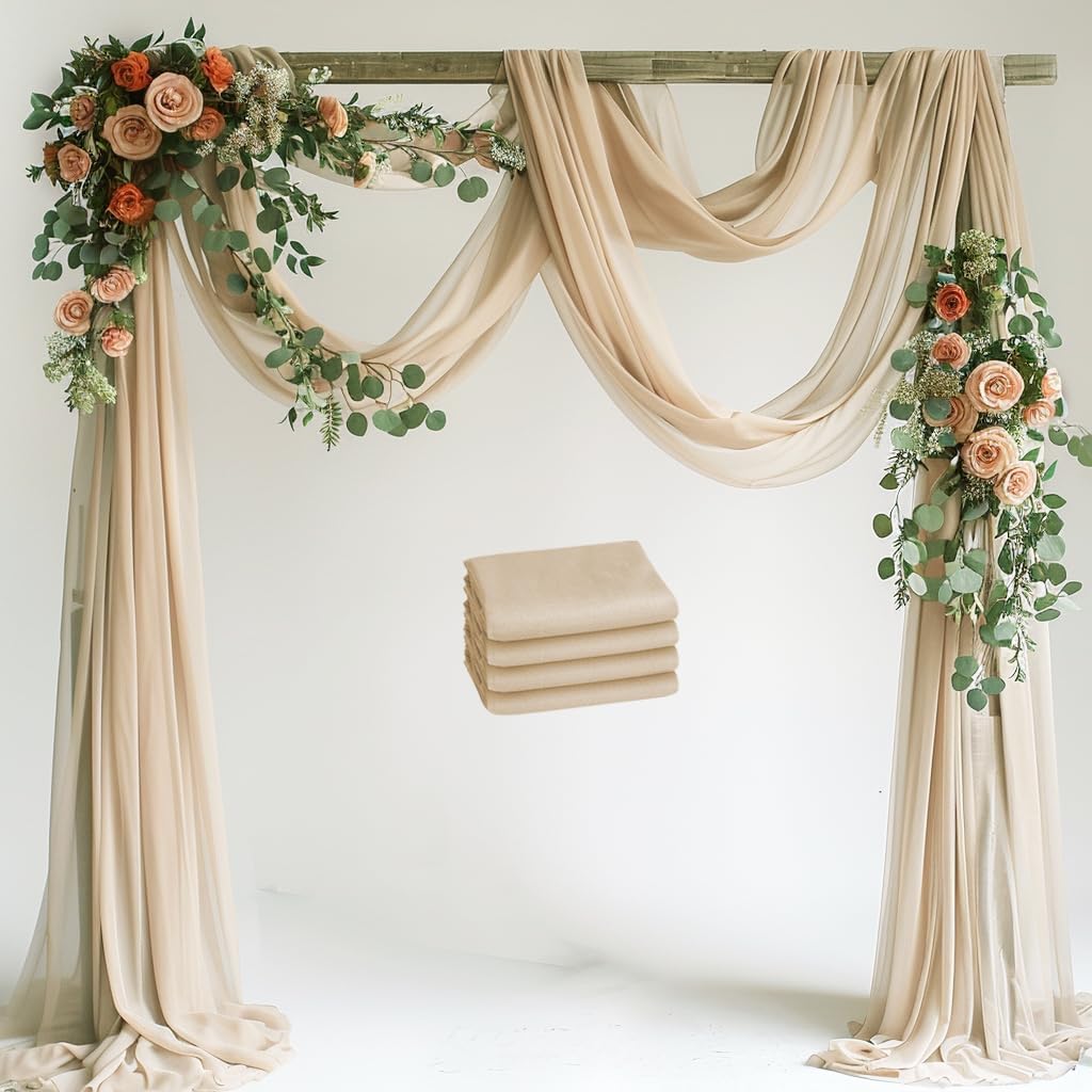 Wedding Arch Draping Fabric 4 Panels 28.7" x 20FT Champagne Sheer Chiffon Backdrop Drapes for Wedding Ceremony Birthday Party Bridal Shower Outdoor Decoration