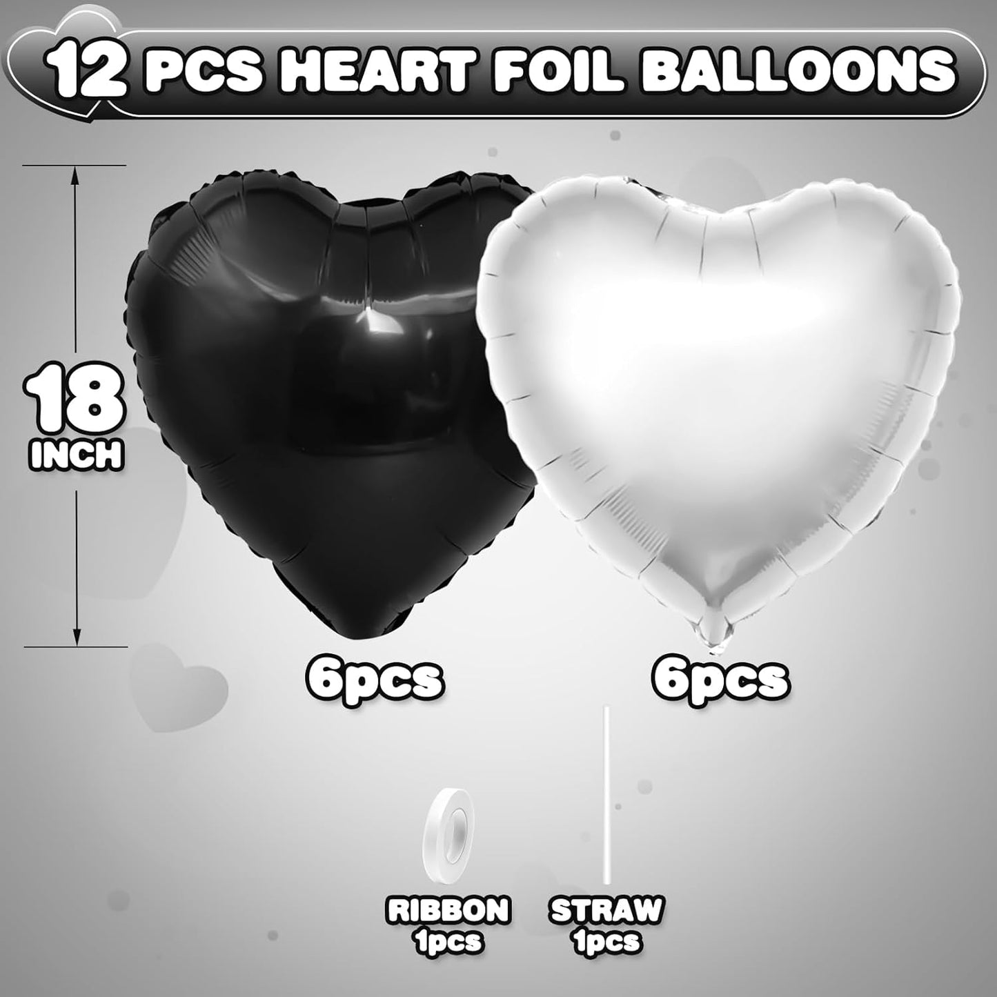 Black Silver Heart Balloons,12Pcs 18Inch Silver Black Heart Shaped Foil Helium Balloons for Baby Shower Birthday Anniversary Wedding Engagement Party Decorations