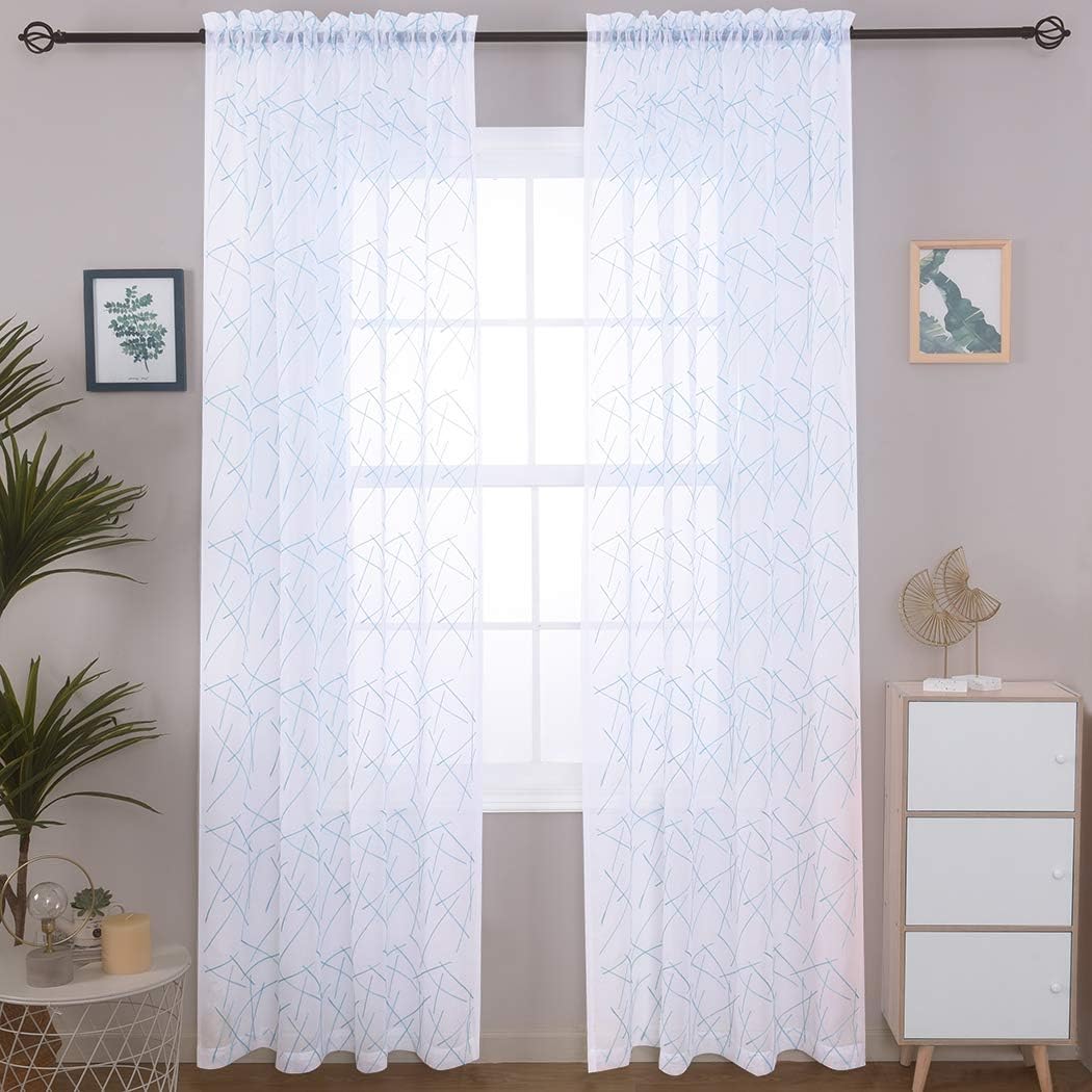 MYSTIC-HOME Sheer Blue Curtains 95 Inches Embroidered Branch Patterned Semi Window Treatments Rod Pocket Voile Curtain Panels for Living Room, Bedroom, Yard, Patio, Villa, Parlor, Set of 2, 52"x95".