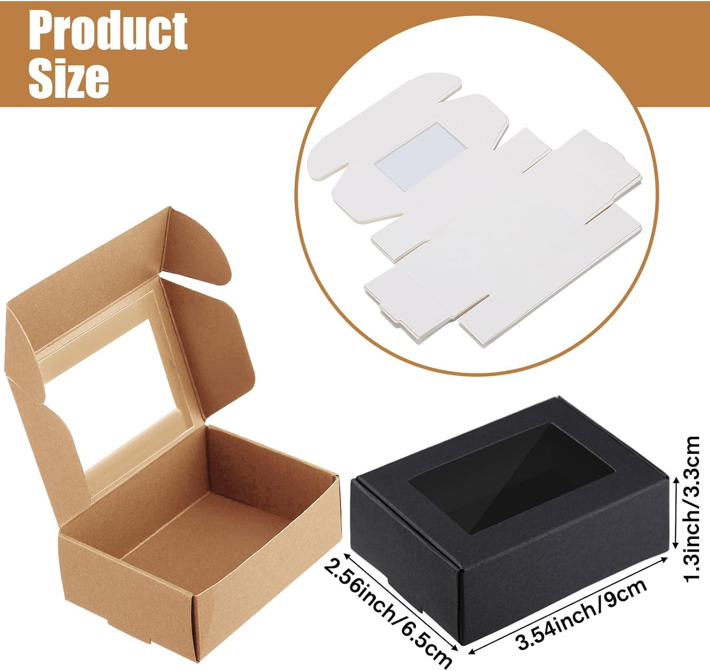 Zonon 30 Pcs Soap Boxes for Homemade Packaging, Mini Kraft Treat Boxes with Window for Bakery Candy Soap Making Gift Packaging(3.5 x 2.4 x 1.2 Inch,Black Brown White)