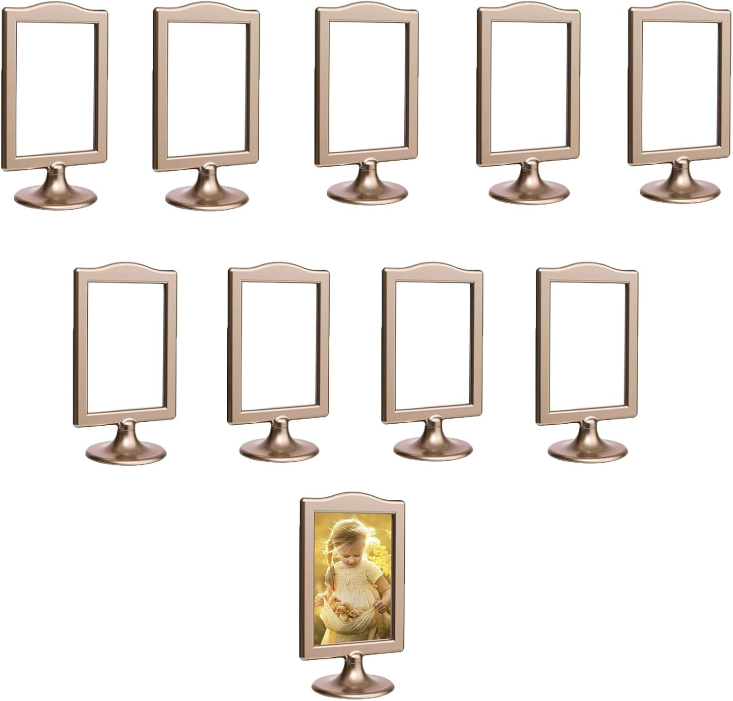 NahNah Double Sided Standing Picture Frames - (Gold, 10 Count) 4x6 Inch, Plastic Pedestal Photo Frame with Inserts and Base - 2 Sided Tabletop Vertical Display Frame for Wedding Table Bridal