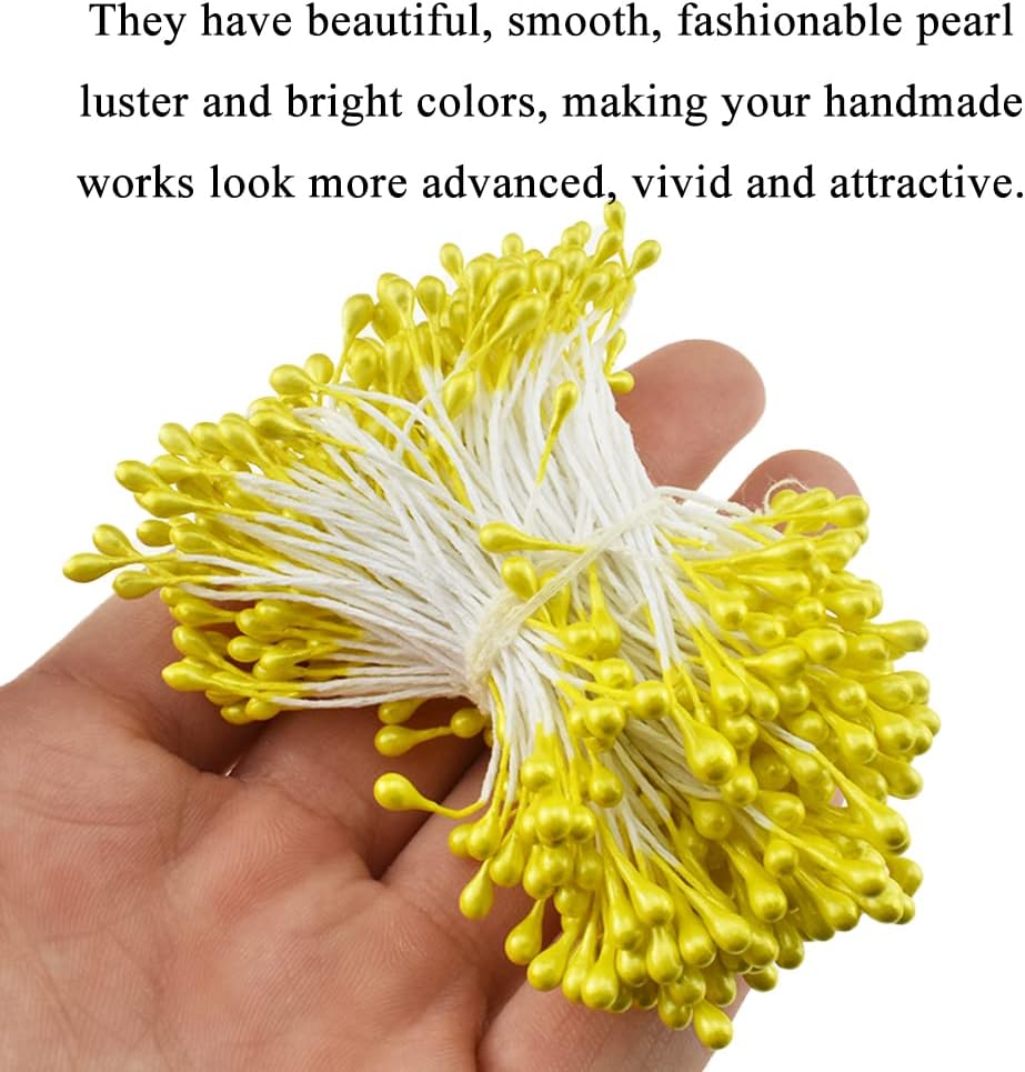 HAHIYO 700Pcs 3mm Yellow Gold Pearl Double Head Flower Pistil Hand-Made Artificial Pistil para Flore Pearlized Floral Stamen Pollen for Flower Making Scrapbook Decoration