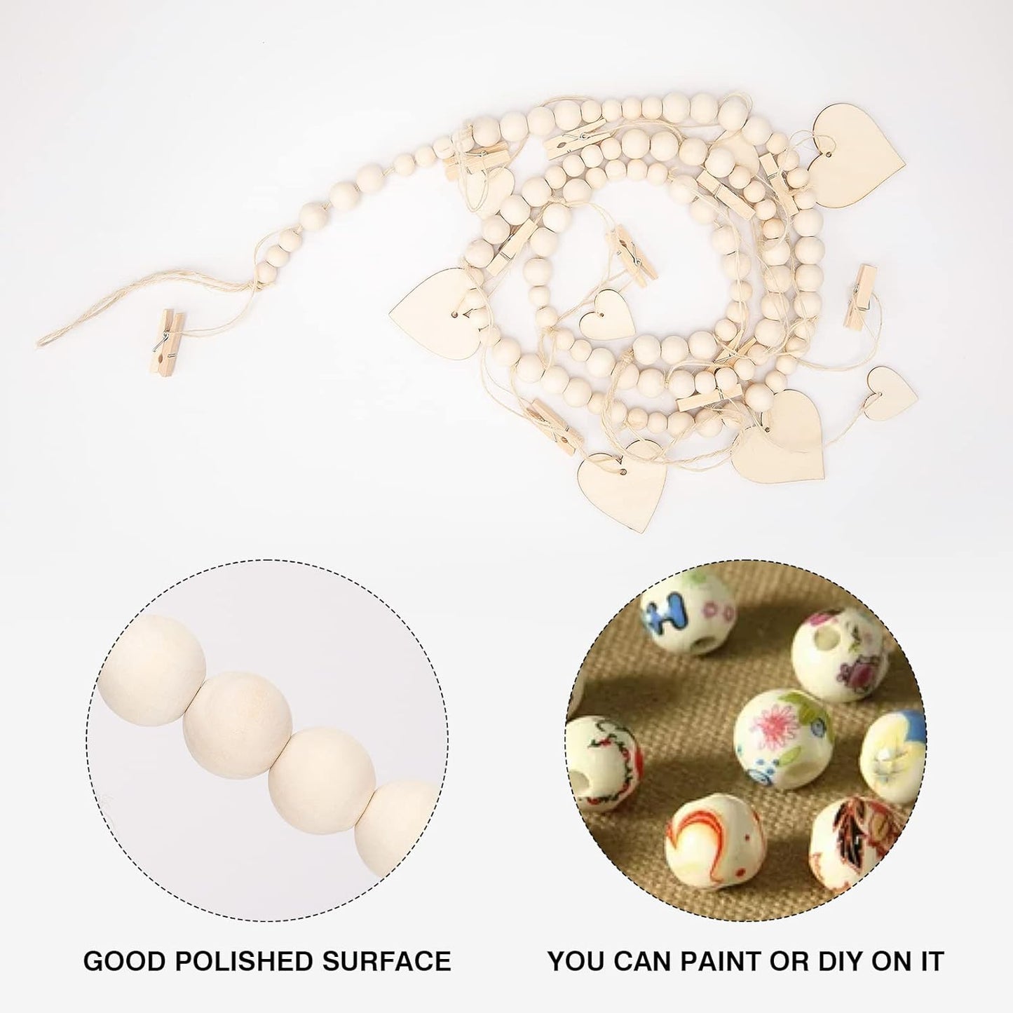 joycraft 5Ft Photo Banner with Clips, Photo Garland with Wooden Beads, Photo Clip String, Boho Photo Display for Bedroom, Office, Dorm, and Party Decor(11Pcs Clips + 6Pcs Wooden Heart Tags)