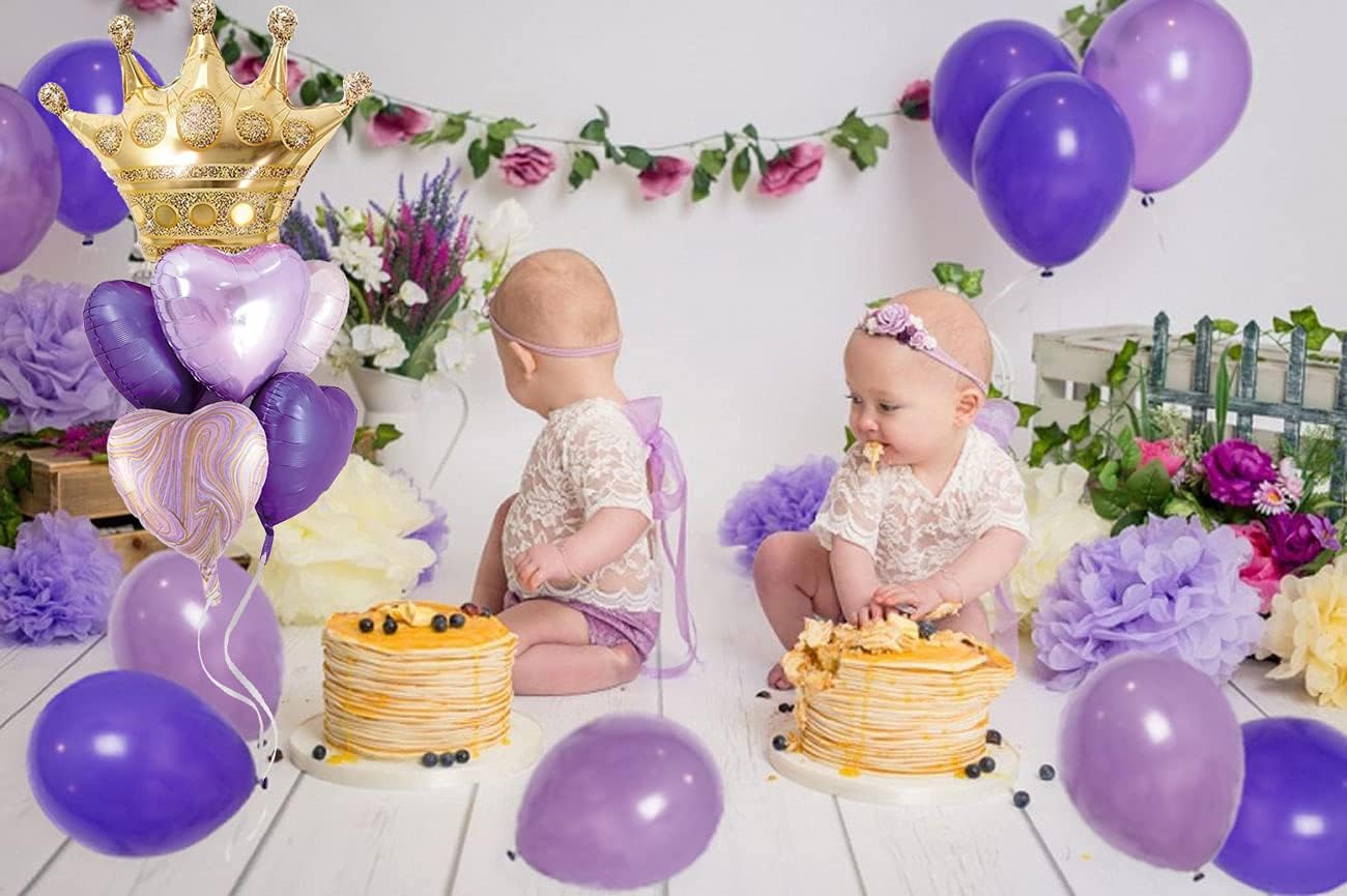 Purple Balloons Birthday Decorations，Gold Crown Princess Foil Balloons Set for Girls Women Party Decorations Baby Shower