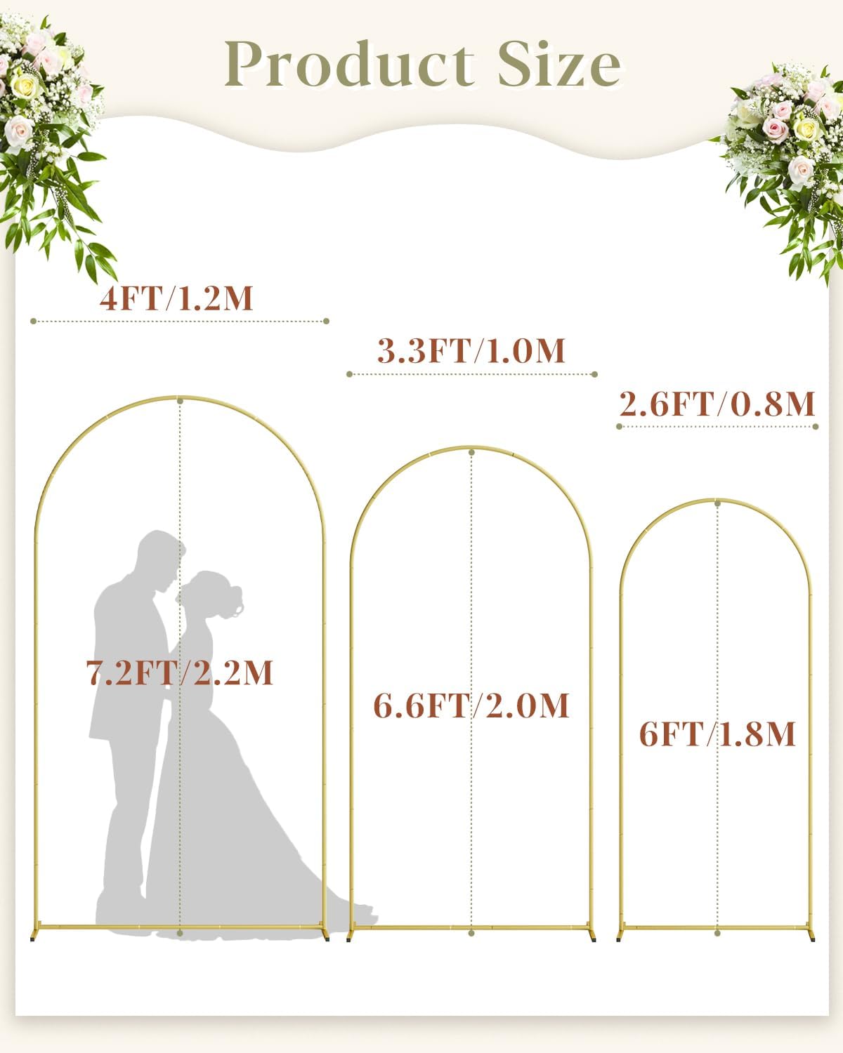 Wedding Arch Set of 3, Gold Metal Arch Backdrop Stand, Balloon Arch Stand Wedding Frame for Ceremony Decoration (Gold, 7.2FT, 6.6FT, 6FT Arch Backdrop)