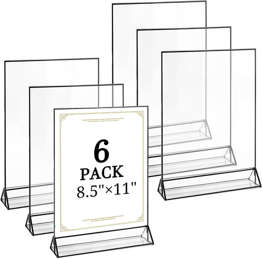 Floroom 6 Pack 8.5x11 Inch Clear Acrylic Sign Holders, Double-Sided Black Display Stand Picture Frames for Table Numbers, Menus, Flyers, Weddings, and Offices
