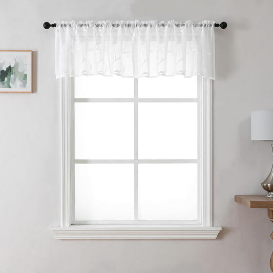 VISIONTEX Sheer Voile Curtain Valances, Decorative Leaves Embroidered, Rod Pocket Window Treatment for Kitchen/Rustic Bedroom/Living Room (54 x 16 Inch,1 Panel)