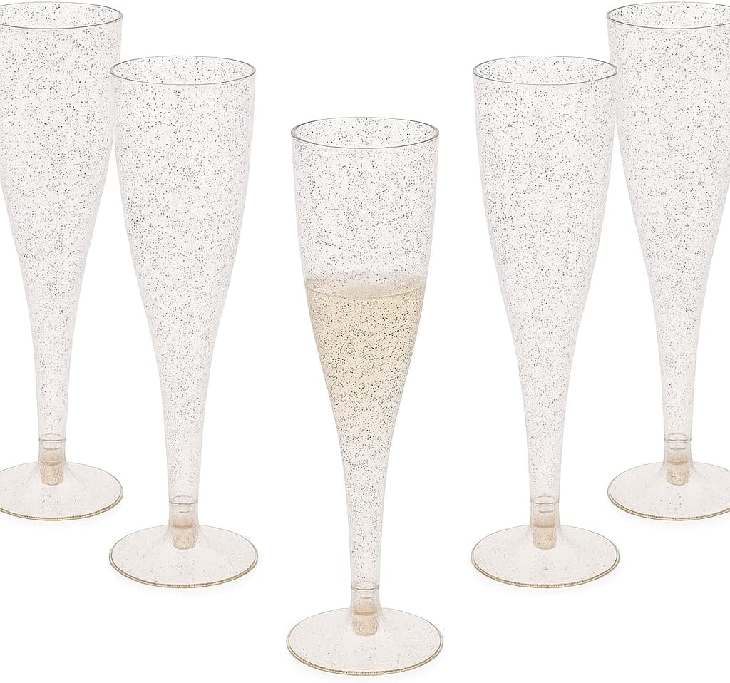 Oojami 90 Plastic 6.5 oz Disposable Champagne Flutes Ideal for Toasting, Wedding, Birthday, Baby Showers, Retirement, Celebration, Mimosa, Cocktails, Engagements, Birthday, Parties (Gold Glitter)