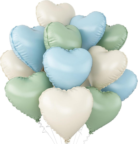 Blue Green White Heart Balloons,12Pcs 18Inch Cream White Baby Blue Sage Green Heart Shaped Foil Helium Balloons for Baby Shower Birthday Anniversary Wedding Engagement Party Decorations
