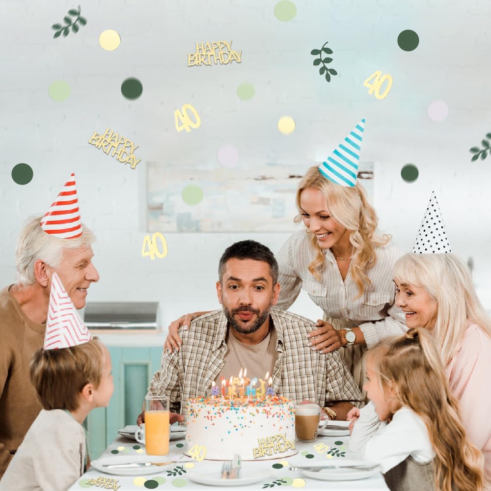 Sage Green 40th Happy Birthday Confetti, 40th Birthday Table Decorations Scatter Green Gold Foil Cake Confetti Decorations for 40 Bday Woman Man Party Decor 230 Pcs