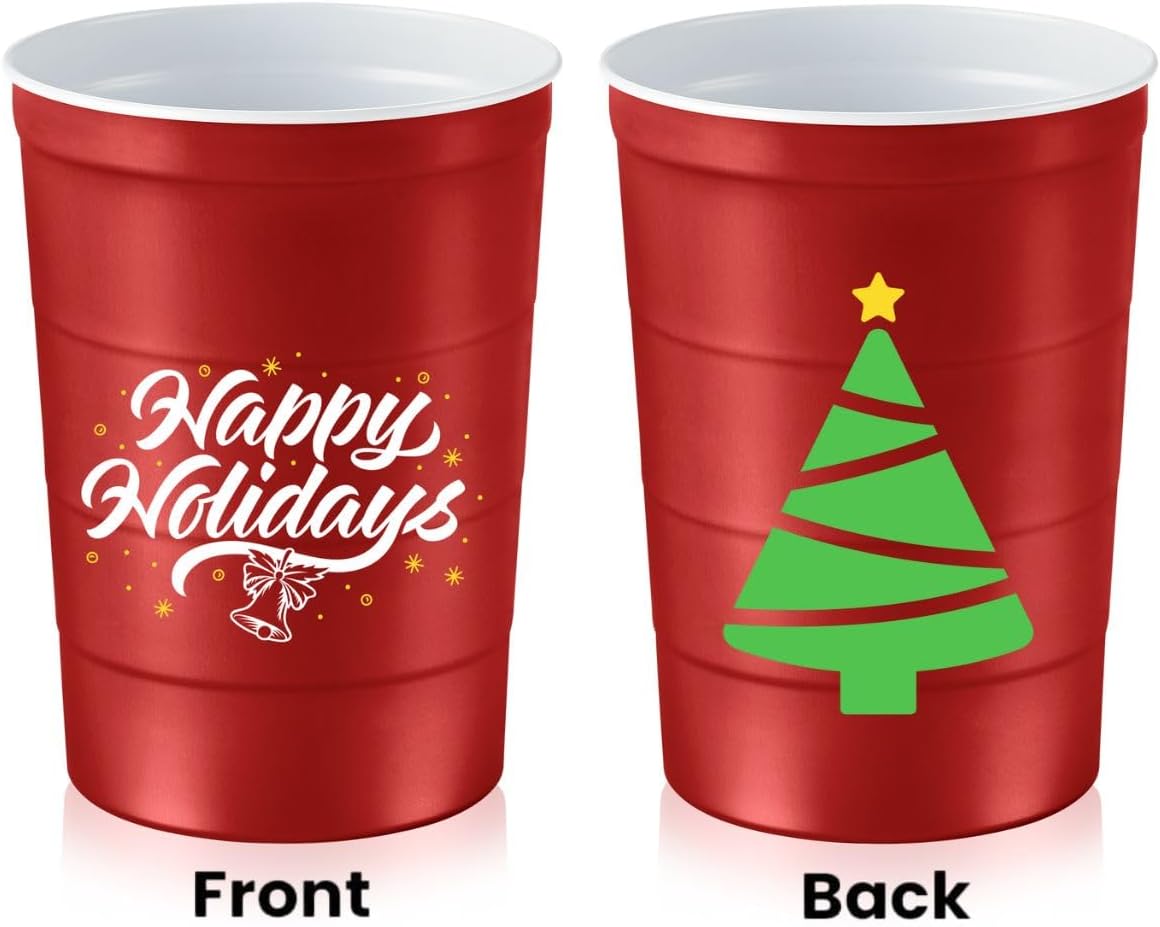 16 oz. Party Cups 'Happy Holidays' Christmas Tree Design for Cold Drinks, Durable, Disposable, Recyclable, Made in USA, Red, 12 Count