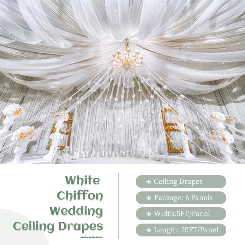 6 Panels White Ceiling Drapes 5ftx20ft Extra Long Wedding Ceiling Drapes Chiffon Fabric Arch Draping Sheer Curtains Soft Drapery Draping Wedding Ceiling Decorations for Party Ceremony Stage Swag