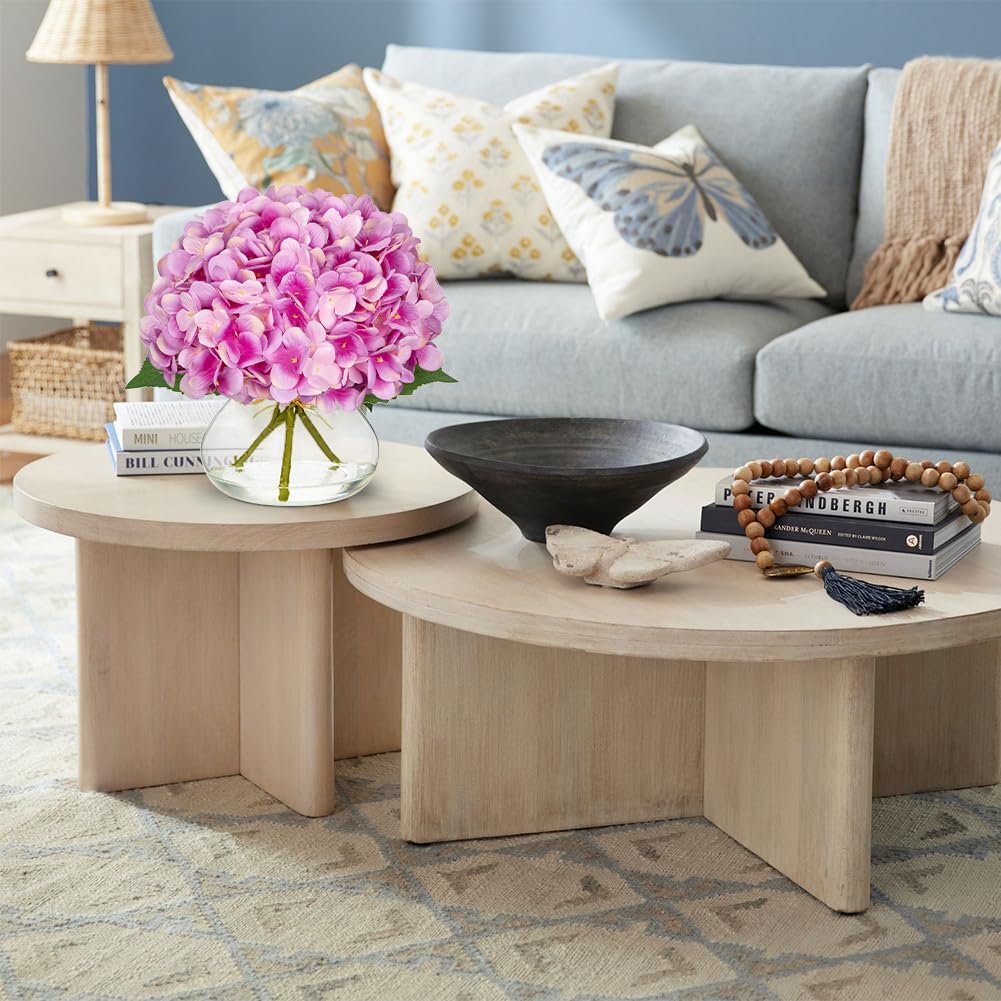 Hollyone Hydrangea Artificial Flowers with Glass Vase Purplish Pink Silk Faux Flowers Arrangements in Vase with Faux Water Fake Floral Bulk Bouquet for Home Decor Table Centerpiece Decorations