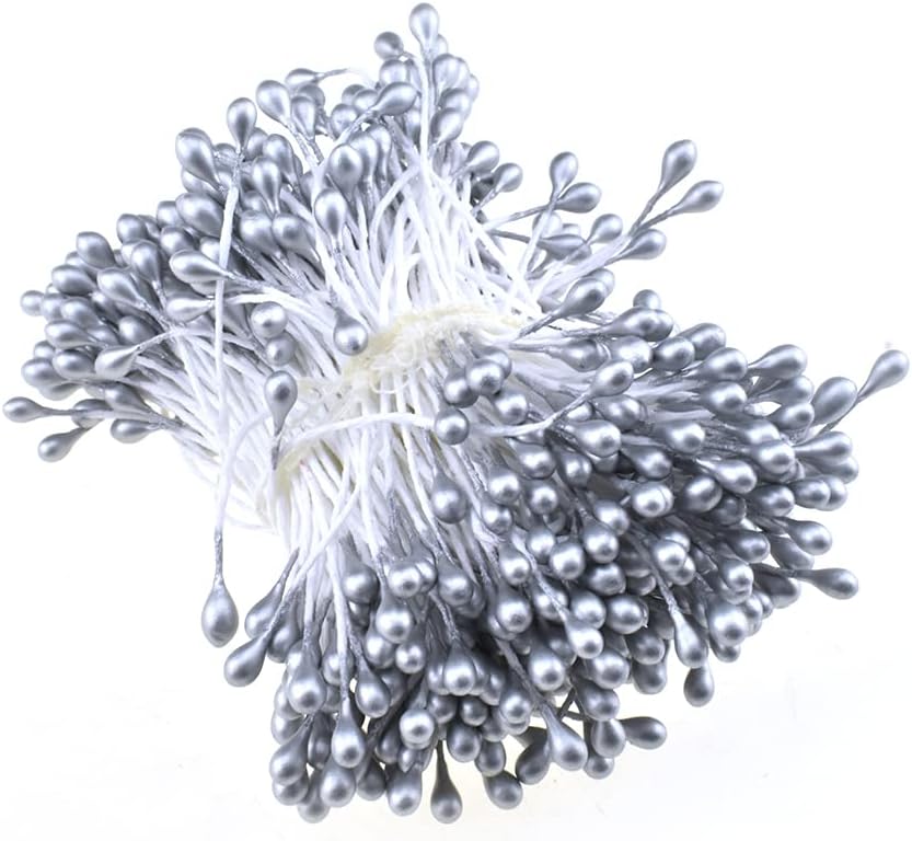 HAHIYO 700Pcs 3mm Silver Pearl Double Heads Pistil Hand-Made Artificial Pistil para Flores Pearlized Floral Stamen for Flower Making Scrapbook Decoration