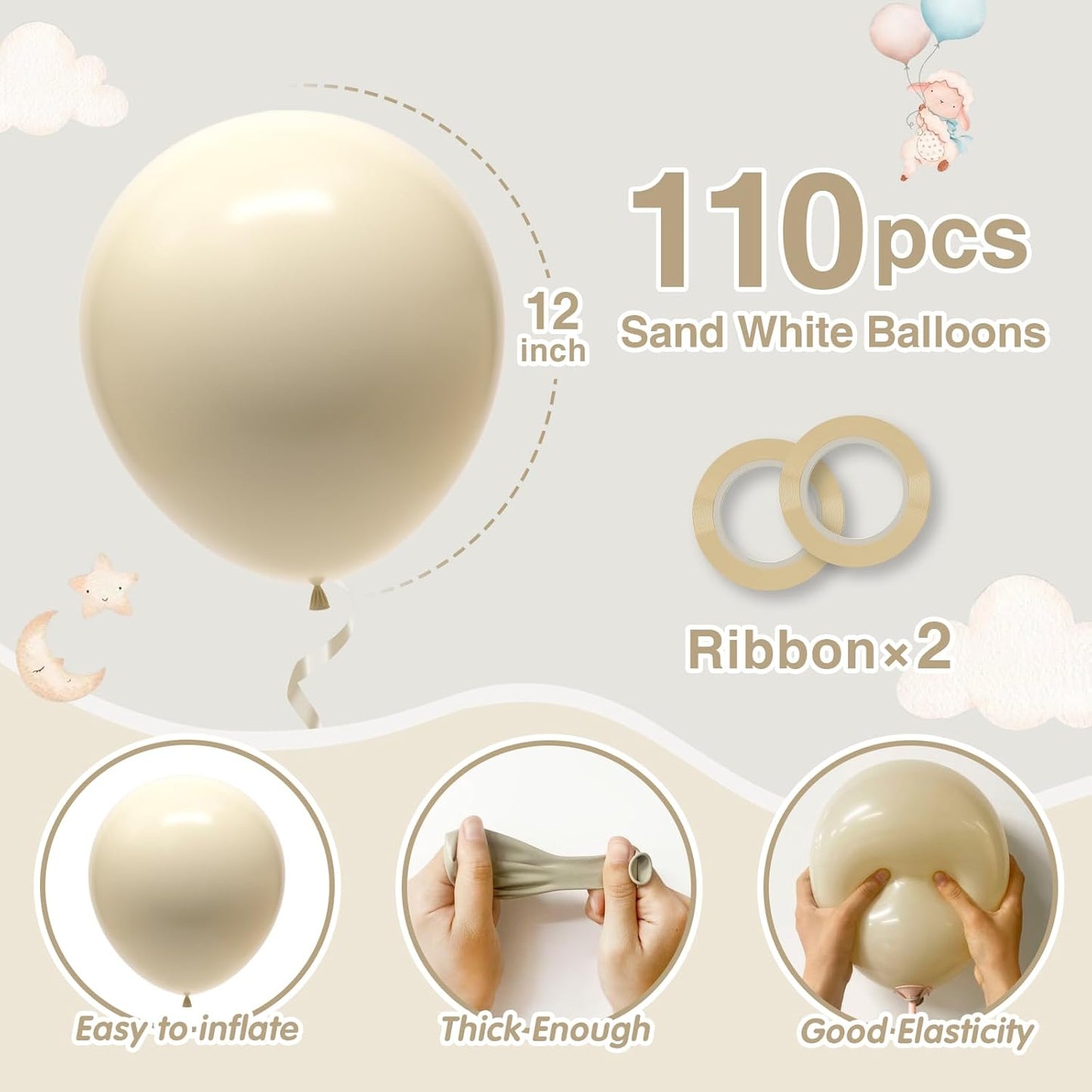 110pcs White Sand Balloons 12 Inch White Latex Balloon Garland Arch Kit for Birthday Baby Shower Anniversary Graduation Wedding Party Decorations